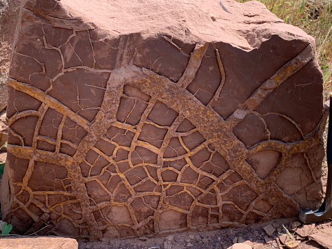 A square piece of land has a pattern that shows a dried and cracked landscape.